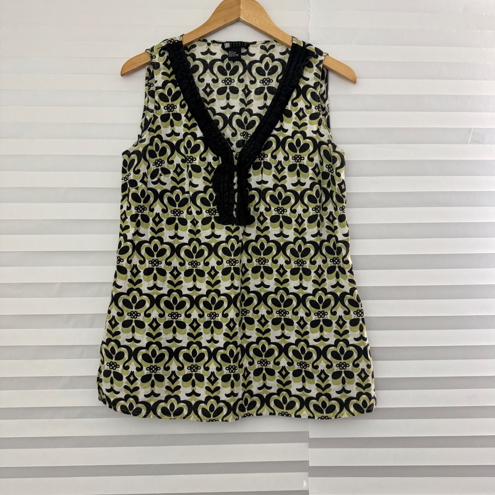 Carole Little Linen Sleeveless V-Neck Ruffle Chic Top Green Black Damask Print L